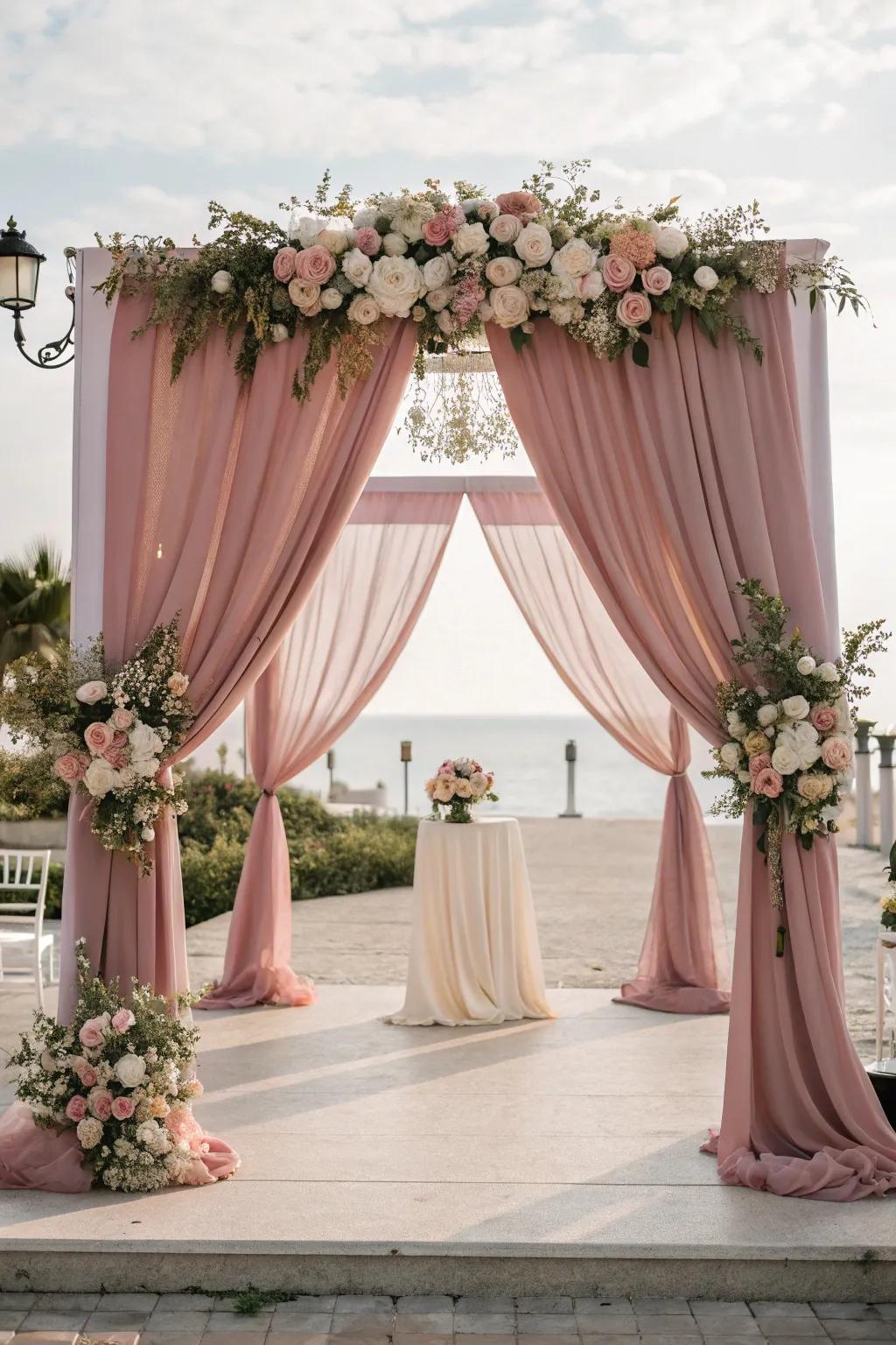 Romantic backdrop featuring rose blush draping.