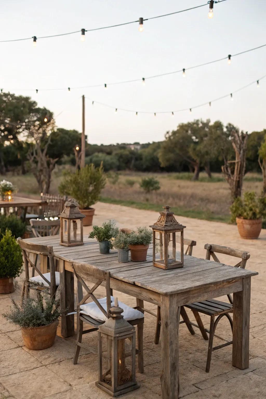 Weathered wood accents provide comfort and authenticity.