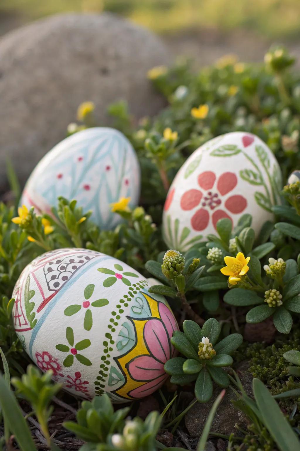 A striking display of decorated Easter eggs with a touch of nature.