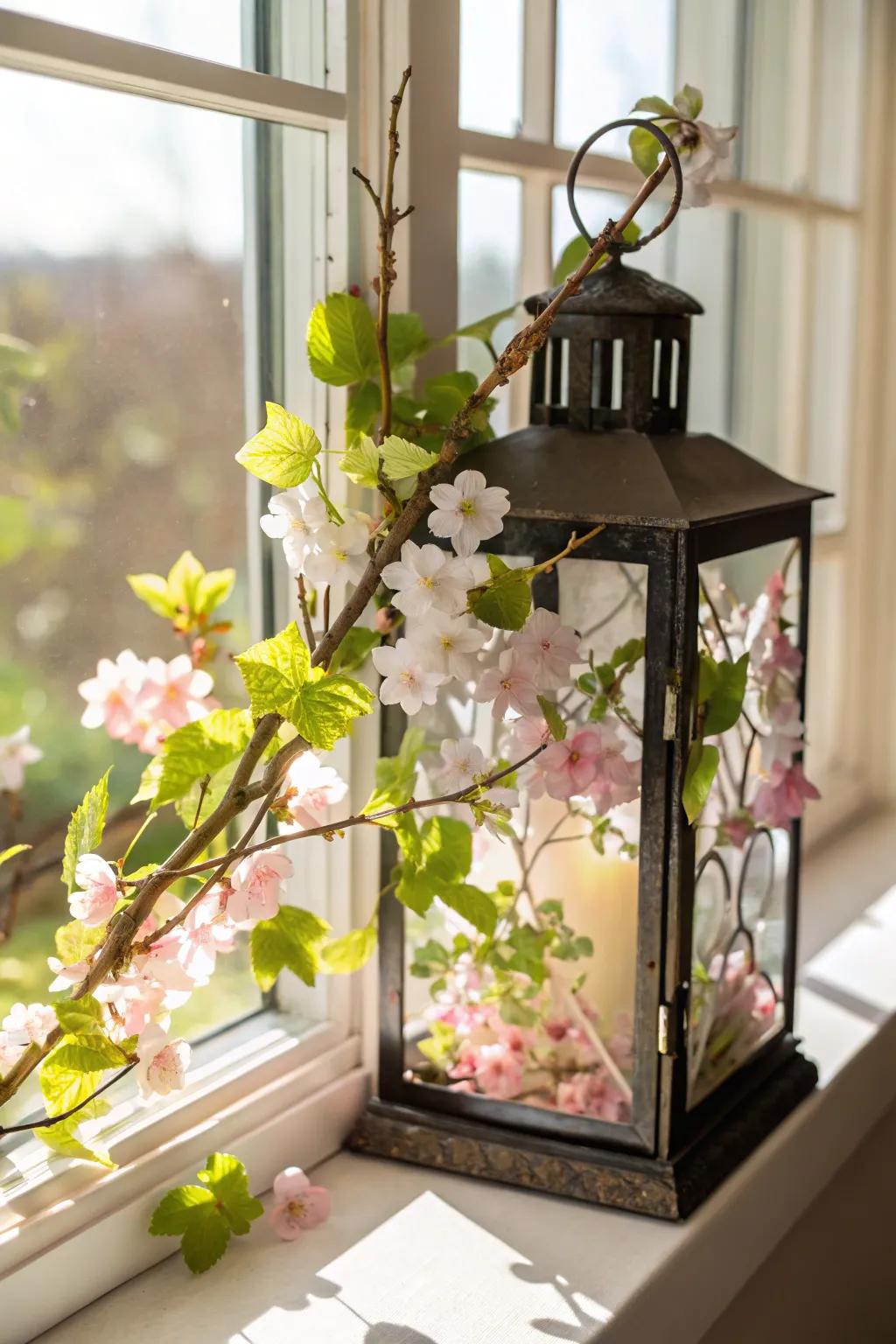 Spring awakens with blossoms featured in a lantern.