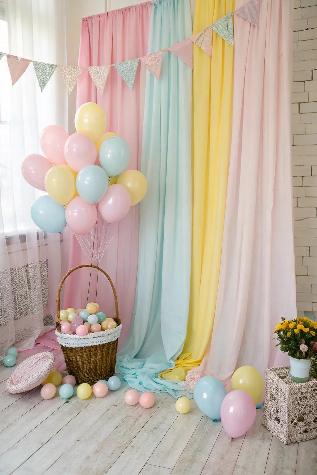 Soft tone balloons and inserts fashion a fanciful Easter picture surrounding.
