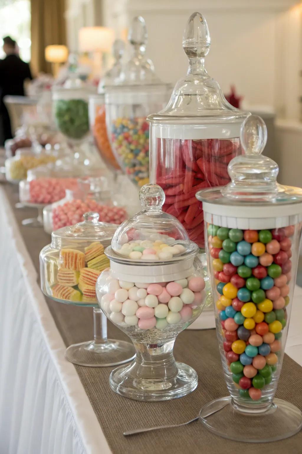 See-through containers beautifully displaying vibrant candies.