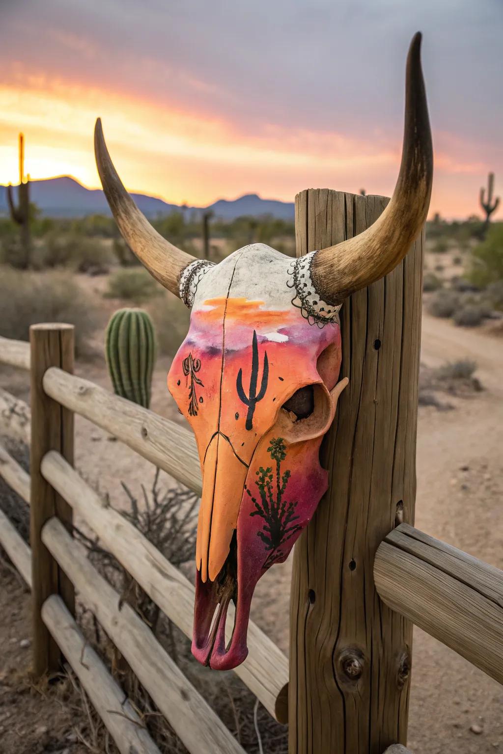 Desert landscapes transform cow skulls into rustic art pieces.