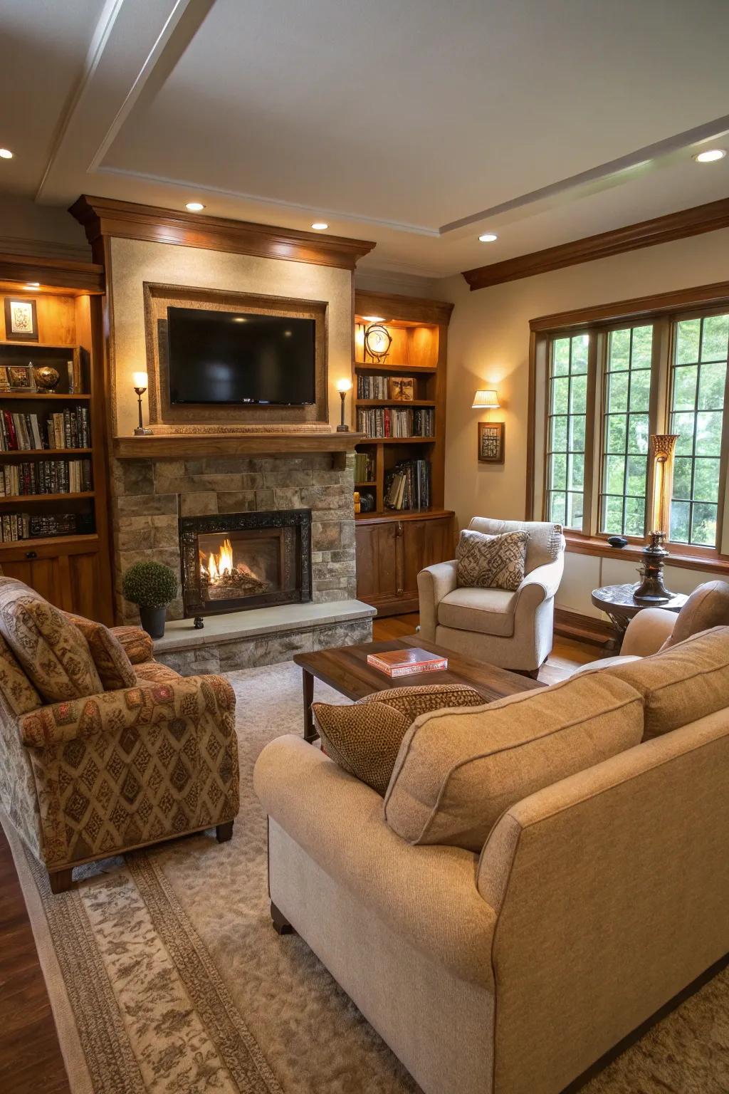 Develop an inviting seating space around your fireplace and TV for optimal relaxation.
