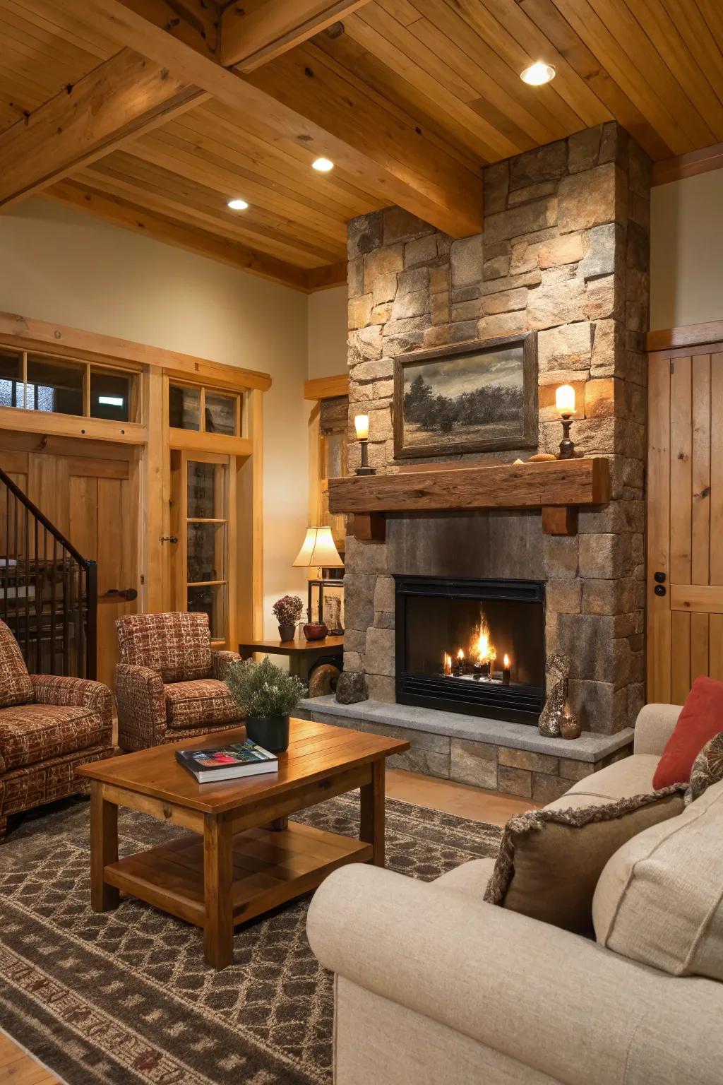 A country style touch with timber highlights surrounding an electric fire feature.