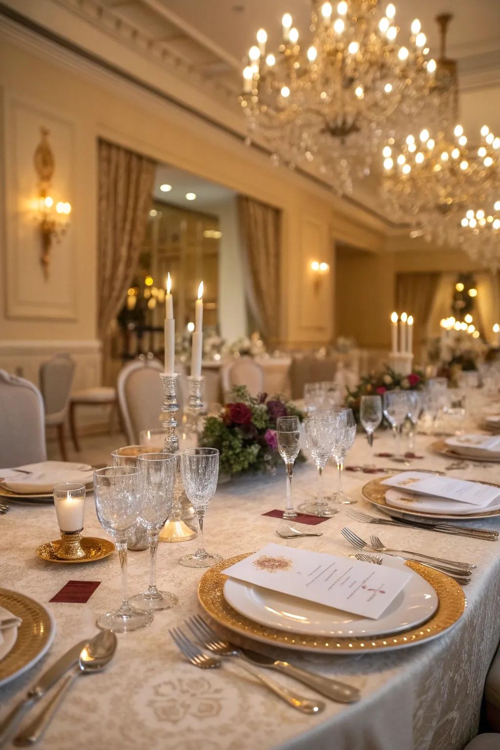Formal place setting featuring fine china and glassware.