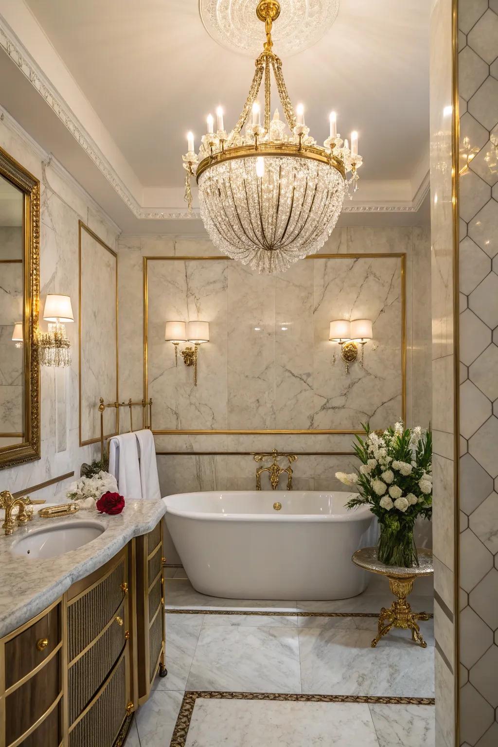 A light injects a hint of glamor into this refined bathroom.