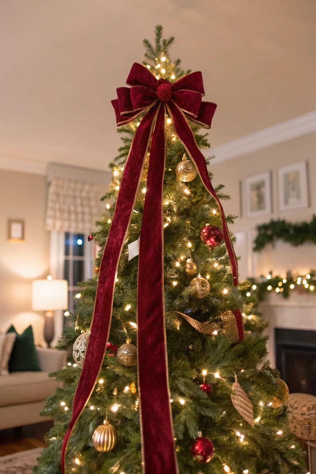 A velvet band bow crafts an exquisite, graceful tree.