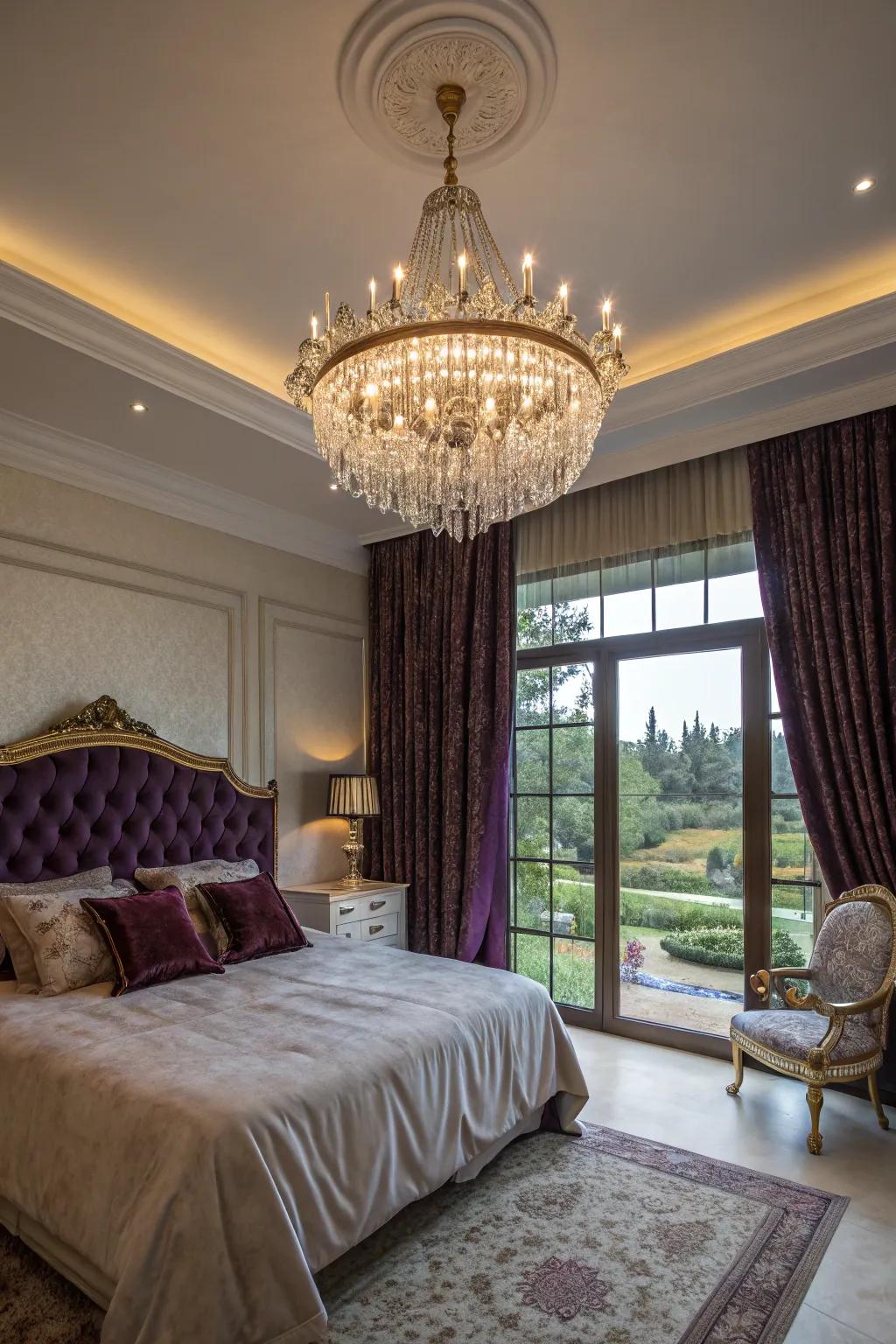 A luxurious bedroom highlighted by a gorgeous crystal chandelier.