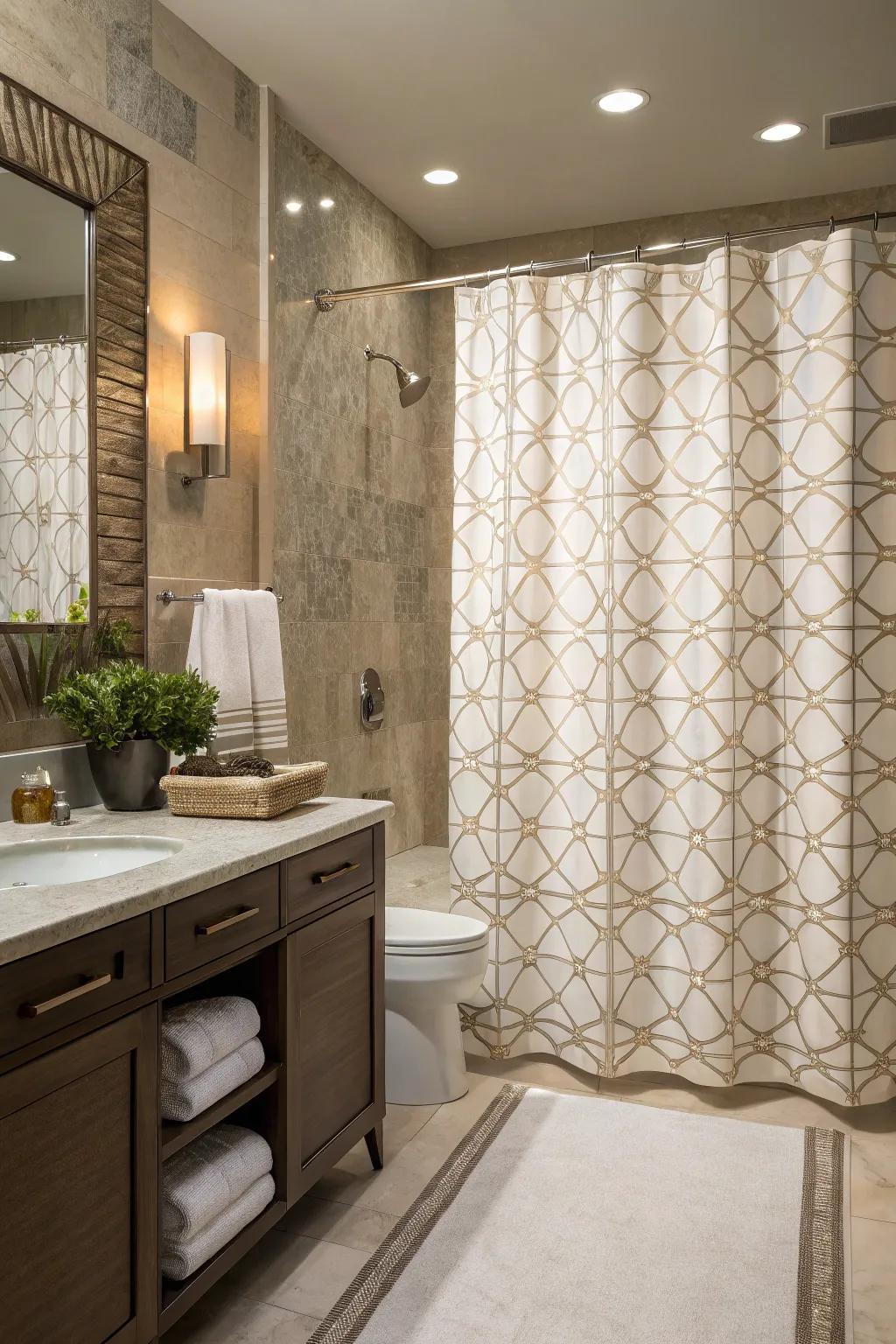 A bathroom features a shower curtain showcasing subtle geometric designs for added elegance.