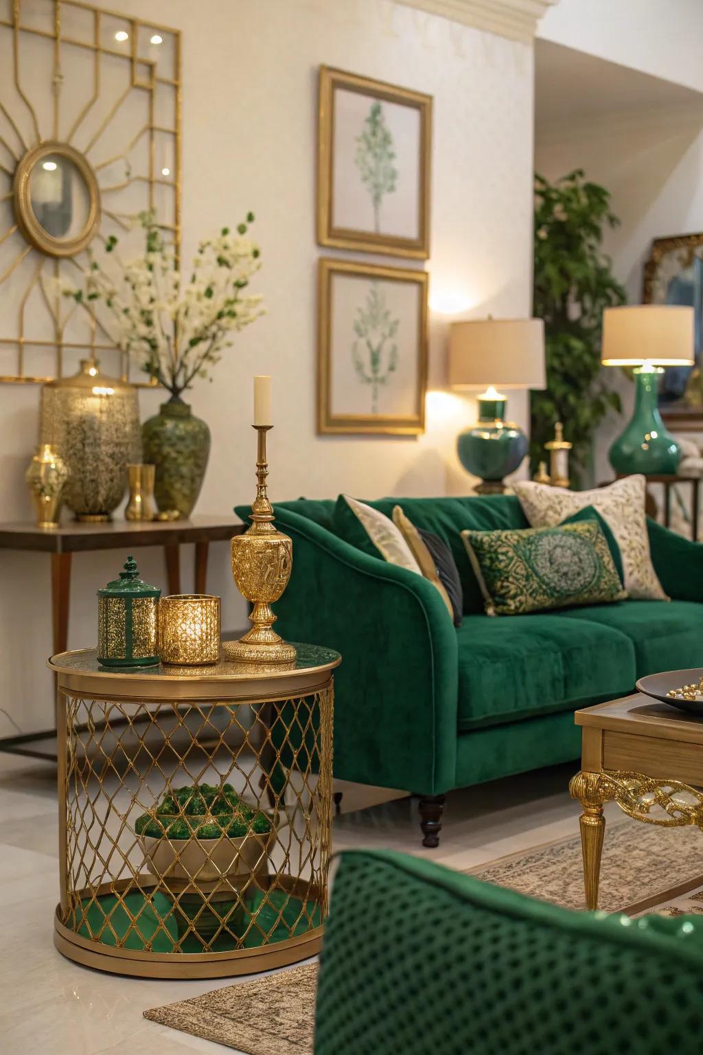 An elegant blend of emerald green shades and touches of gold.