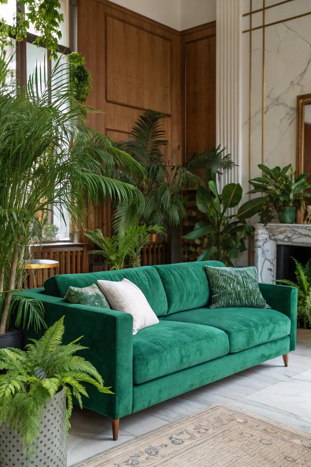 Indoor plants and a verdant couch create a harmonious space.
