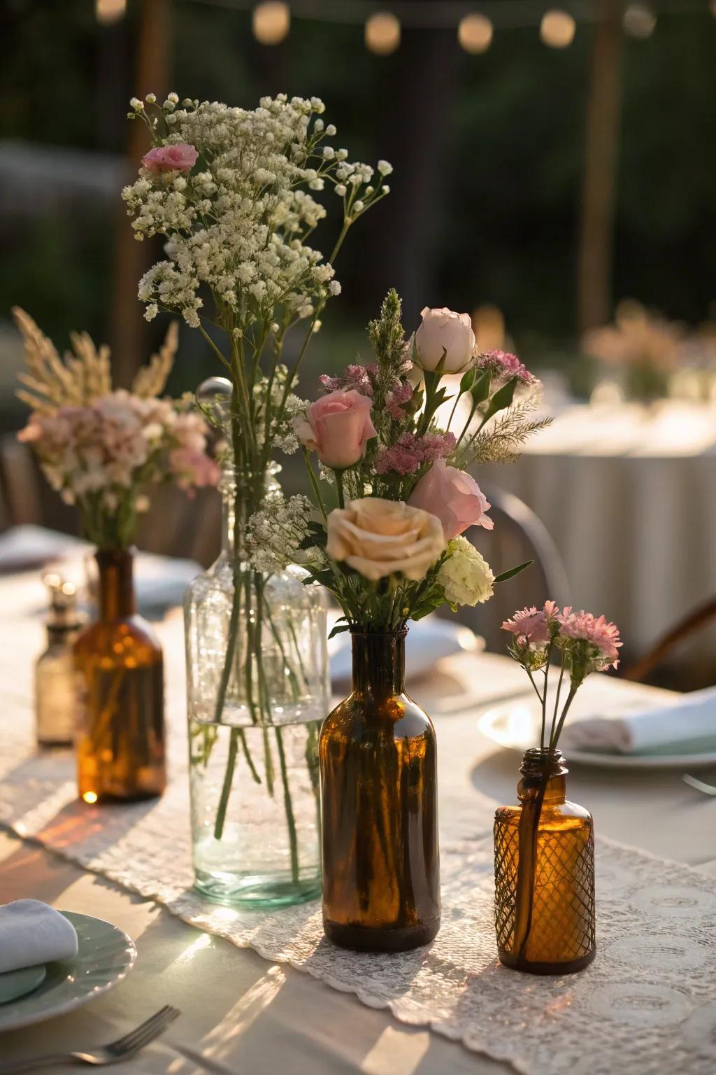 Re-purposed spirit bottles make striking and elegant vases.