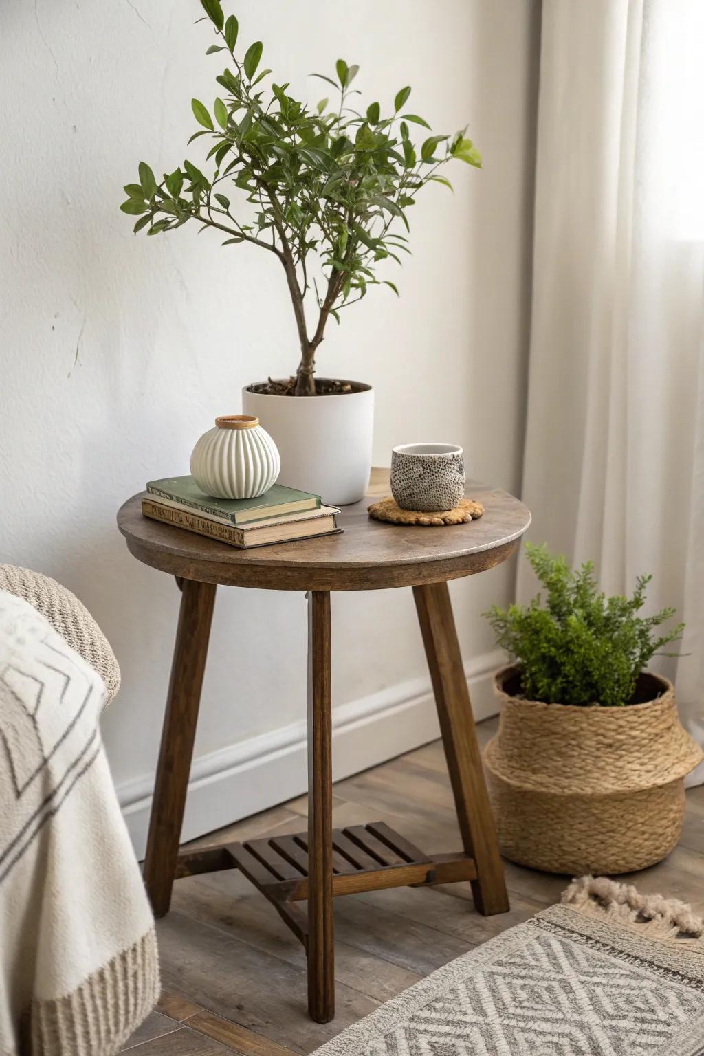 A touch of greenery with a potted plant on a side table.