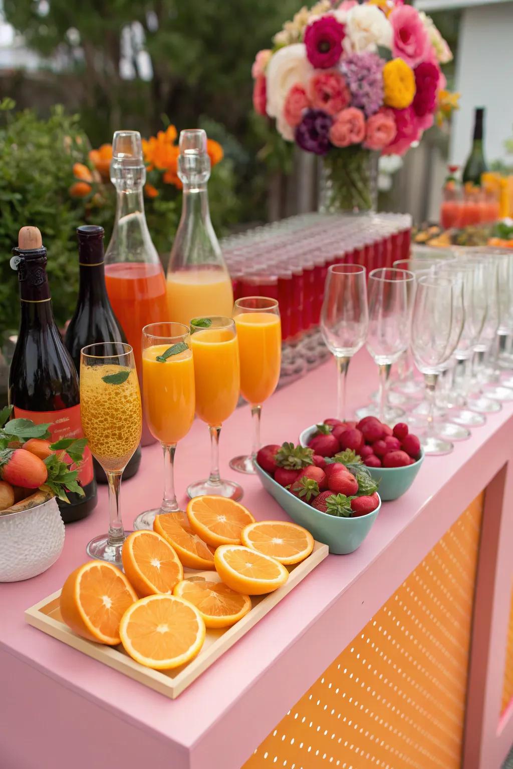A lively mimosa bar encouraging attendees to blend and coordinate their preferred tastes.