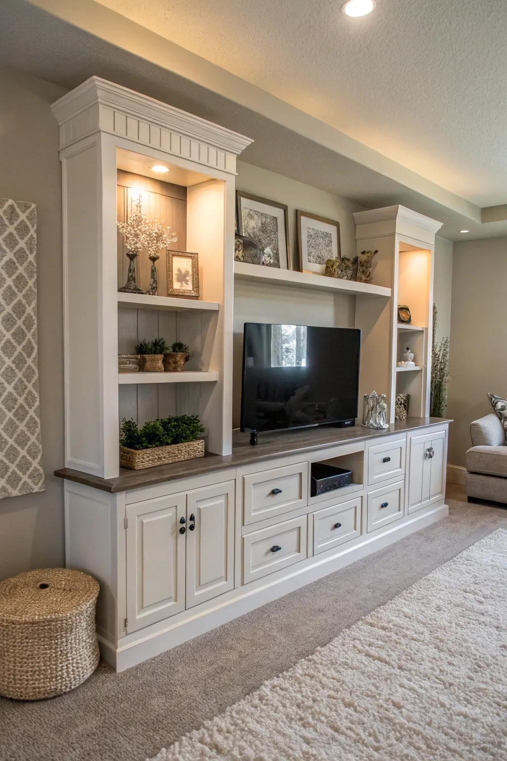An entertainment center in a neutral color scheme with tasteful decor.