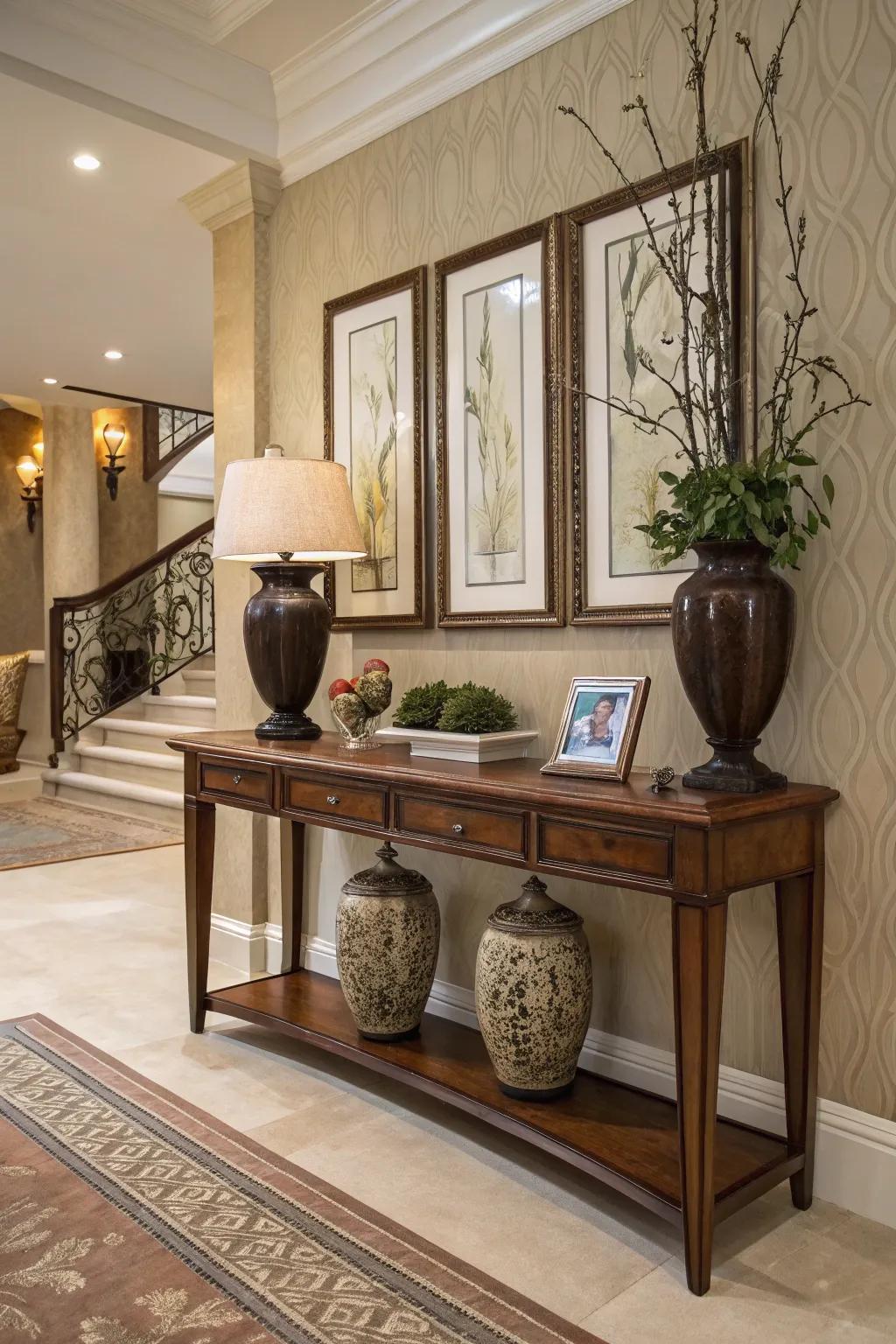 A side table combines practicality and style in the entryway.