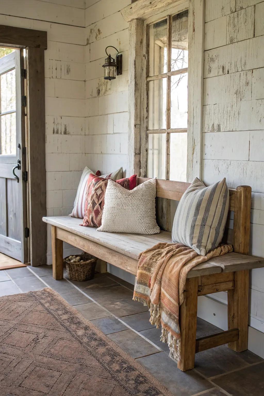 A rustic farmhouse-style bench infuses charm into this welcoming entryway.