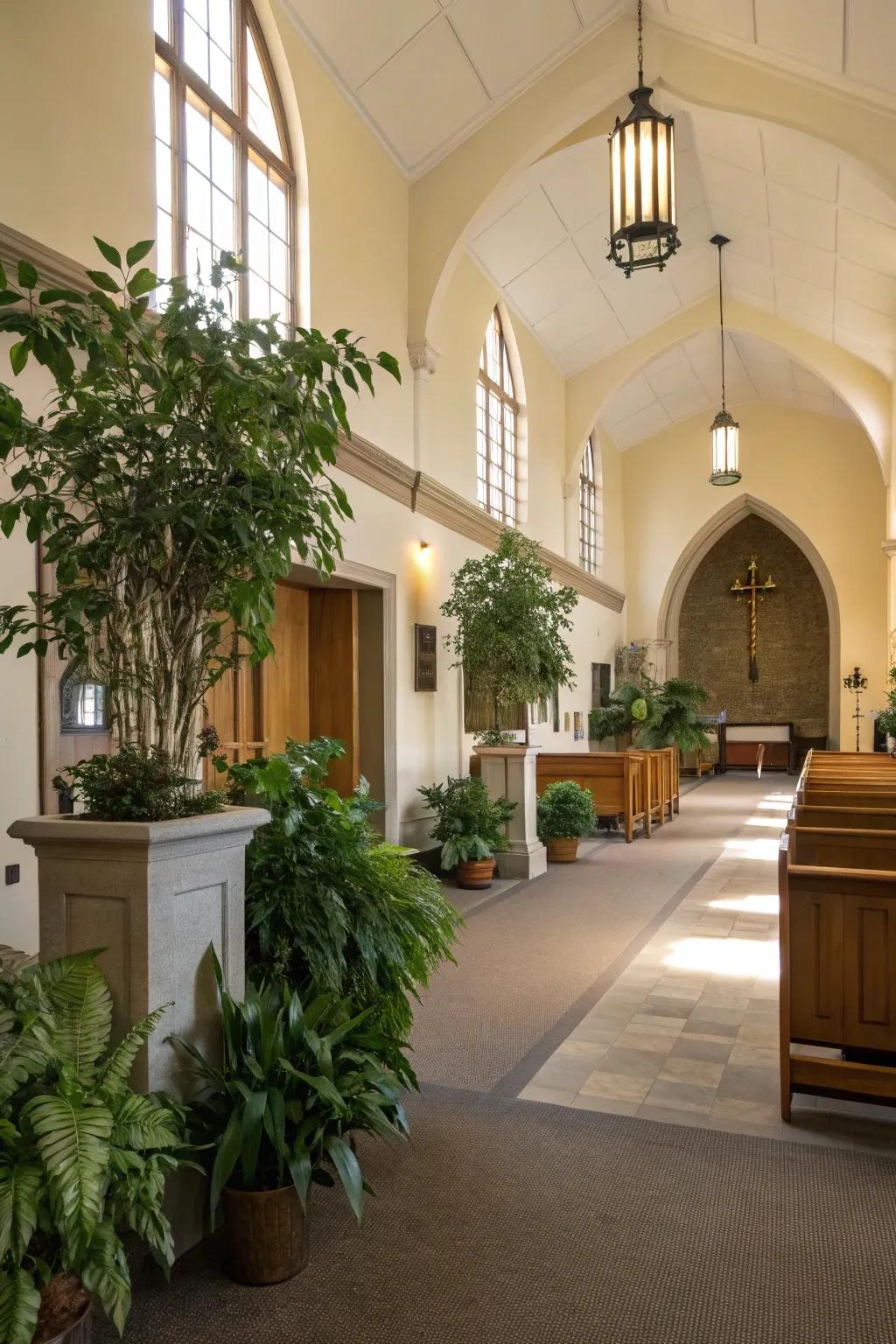 Green plants give the church lobby more life and a natural element.