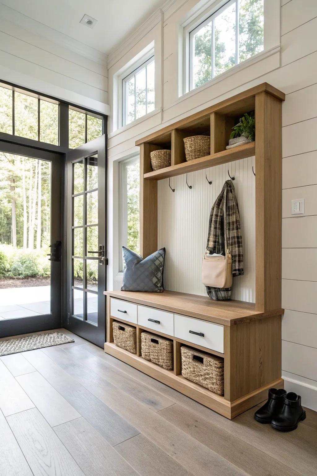 Seating benches combine comfort with discreet storage capabilities.