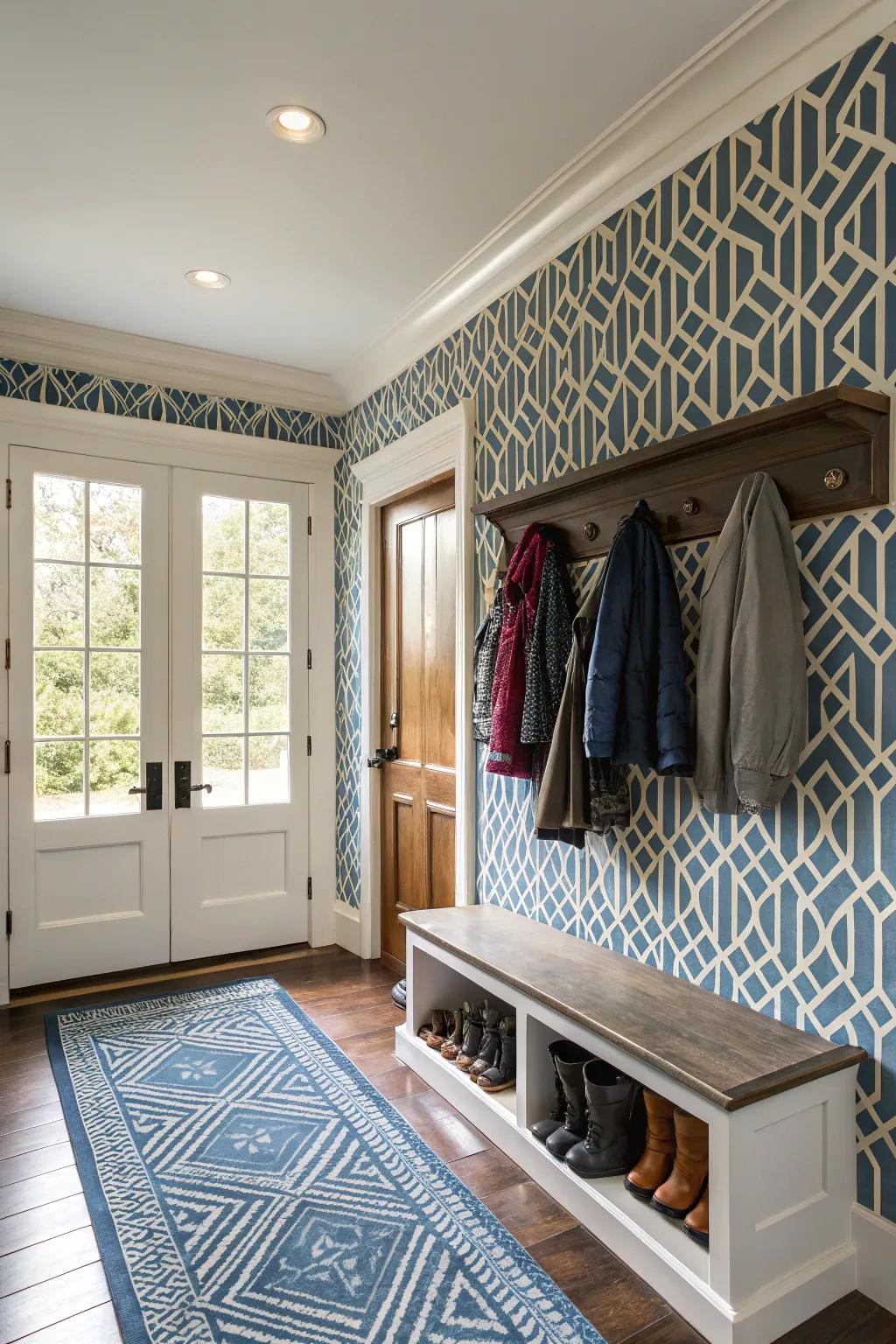 Designs energize this mudroom, transforming it into a stylish entryway focal point.