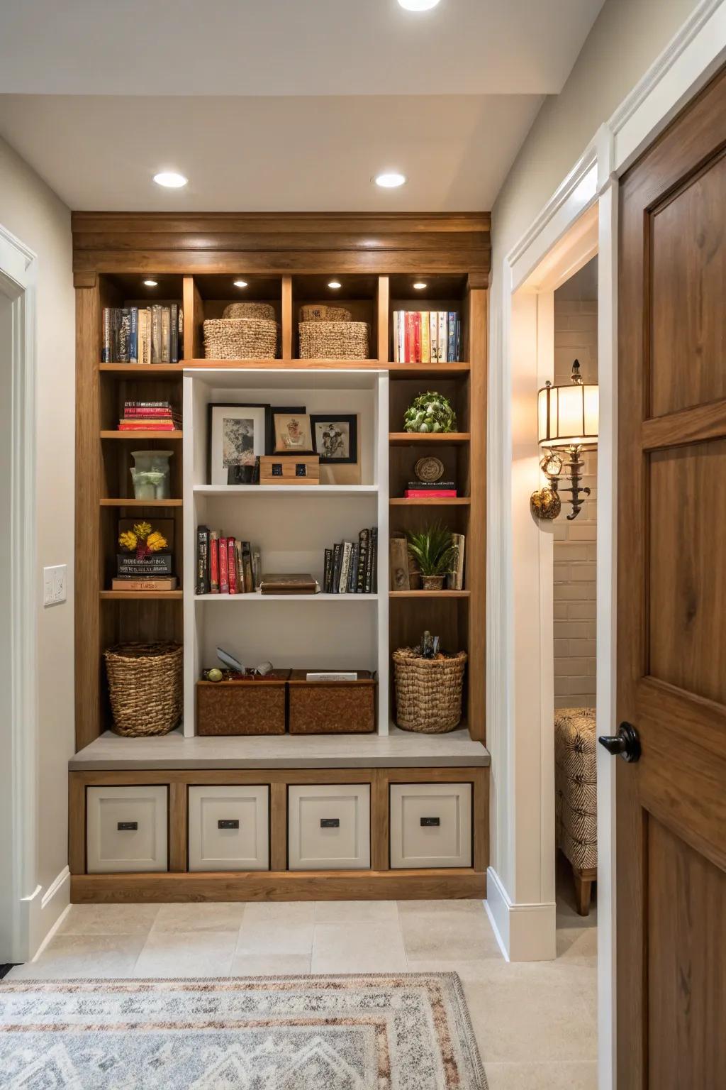 In-wall shelves and cubbies offer plenty of storage.
