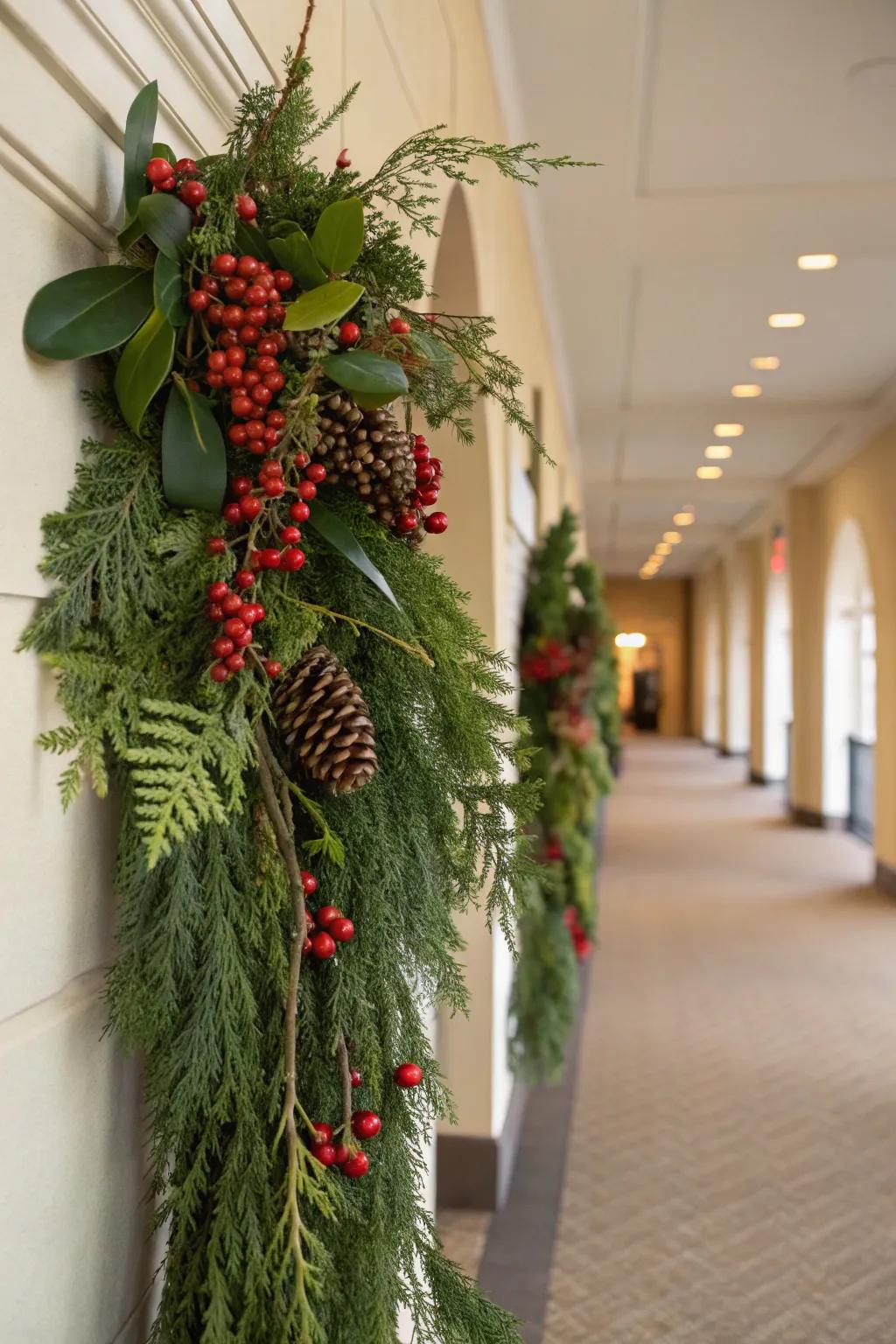 A vibrant swag featuring an array of berries and lush greenery, displayed in a hallway.