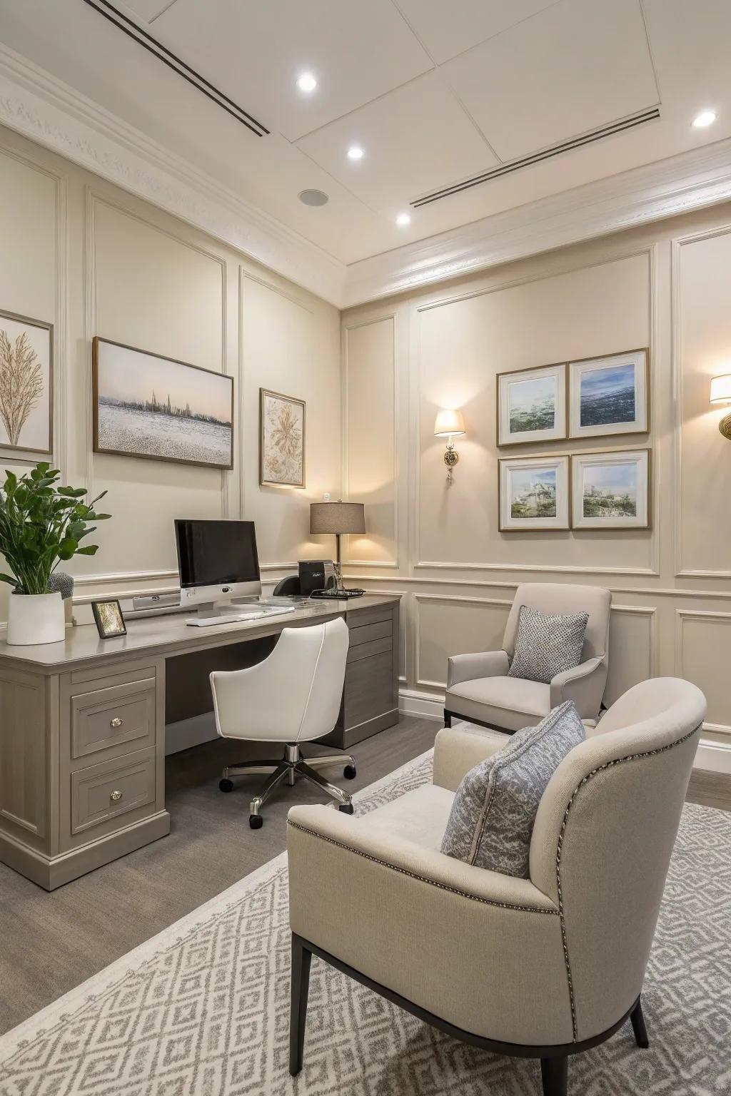 An office space with a soothing neutral color palette.