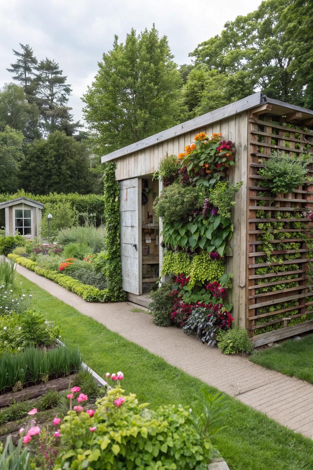 Transform a basic shed wall into a lively vertical garden.