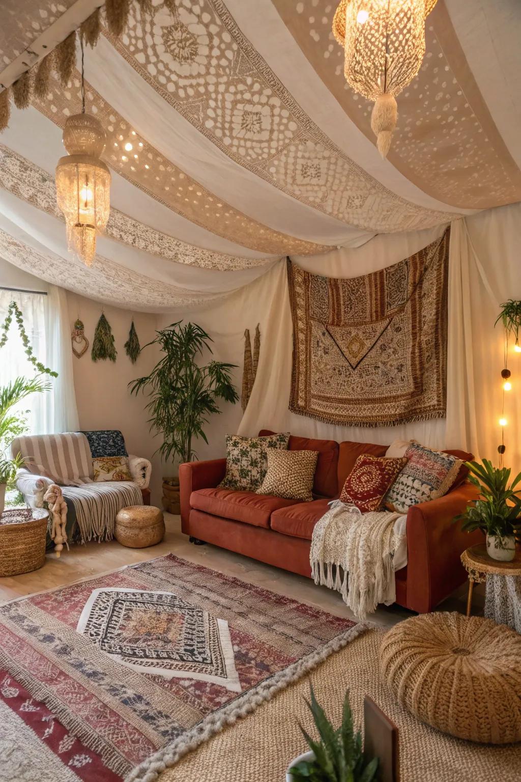 Add depth with layered fabric textures on your ceiling.