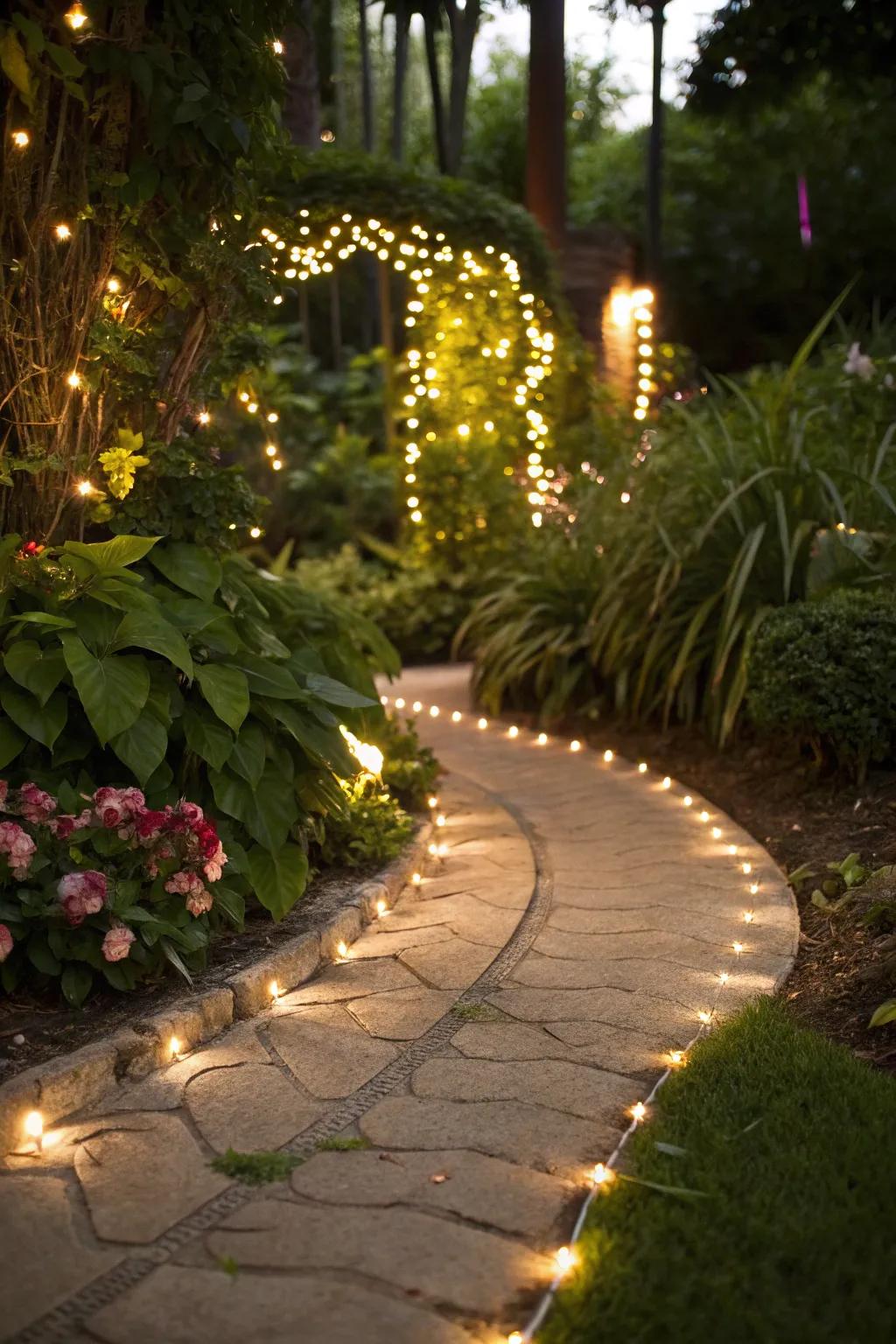 Ornamental lights brighten pathways with a welcoming radiance.