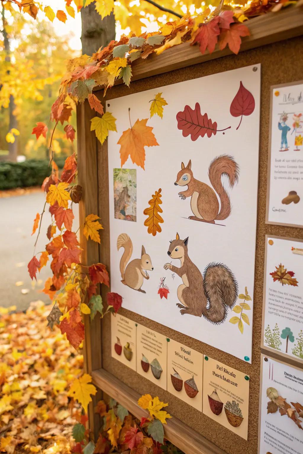 Squirrels depicted gathering nuts add a playful element to this fall bulletin board.