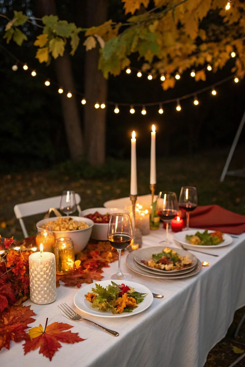 Candles and twinkle lights fashion a welcoming and warm dining atmosphere.