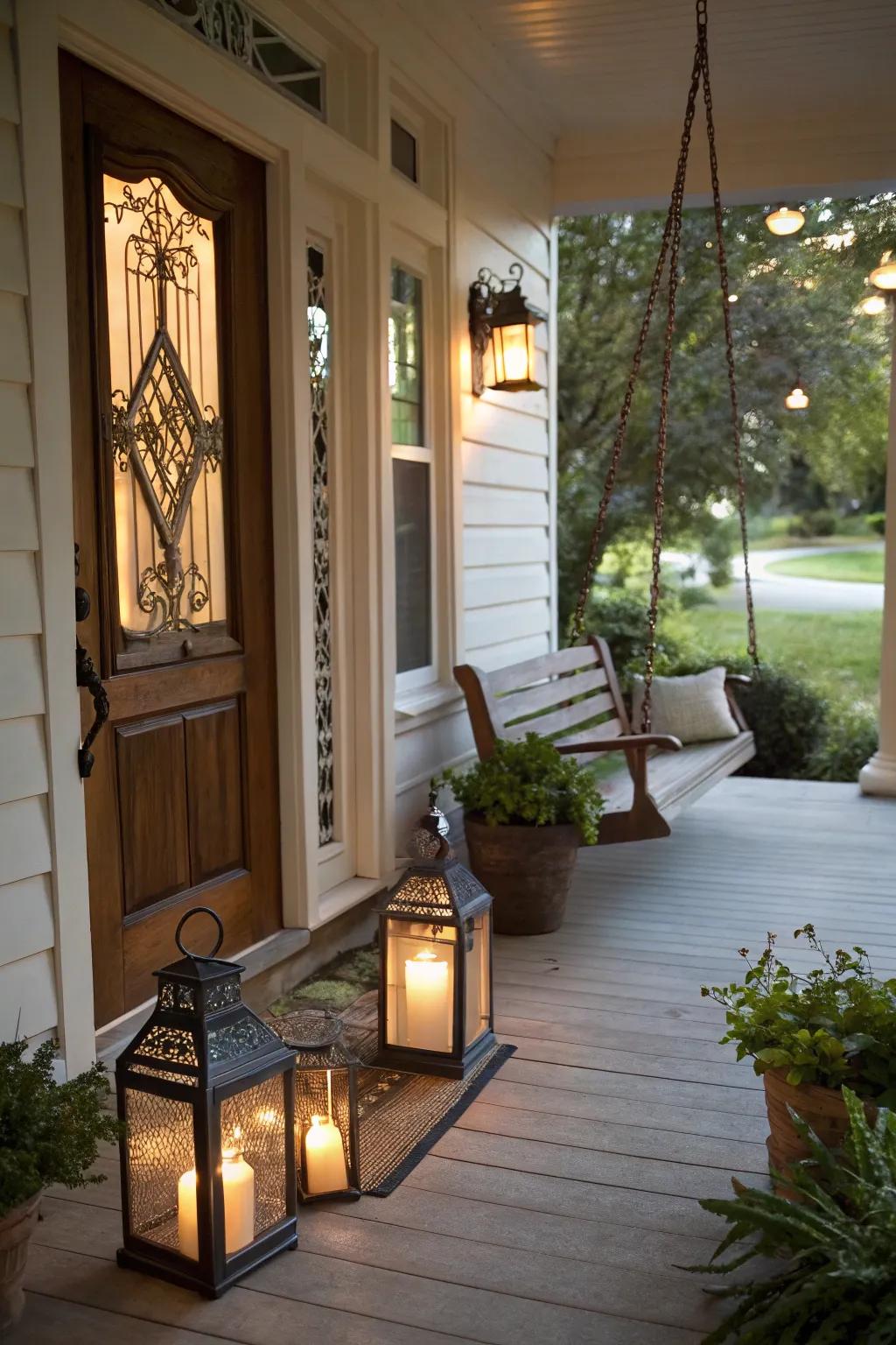 Lamps give off a comforting, welcoming radiance to an autumnal entrance.