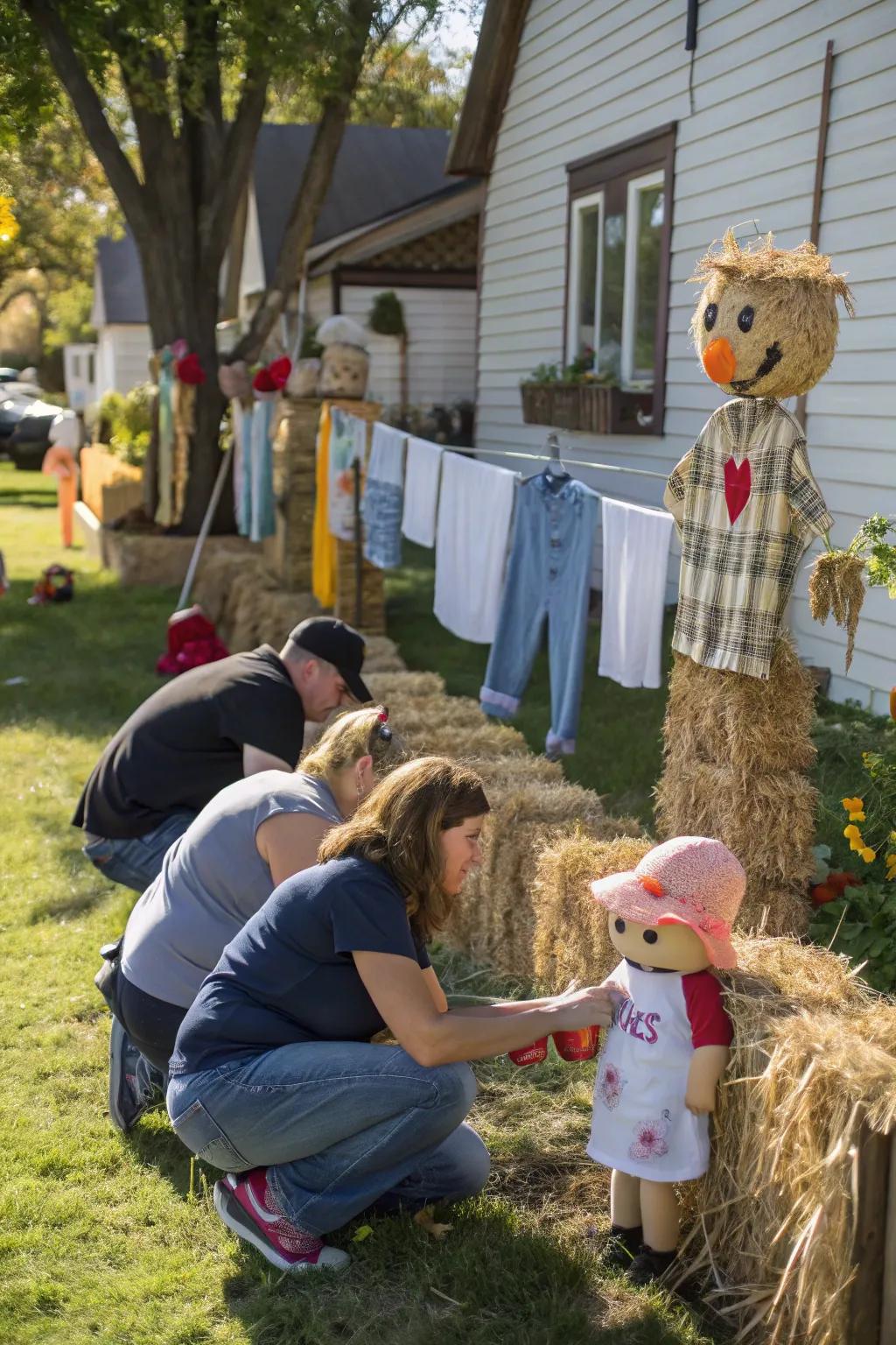 Families showing off their inventive hay man designs