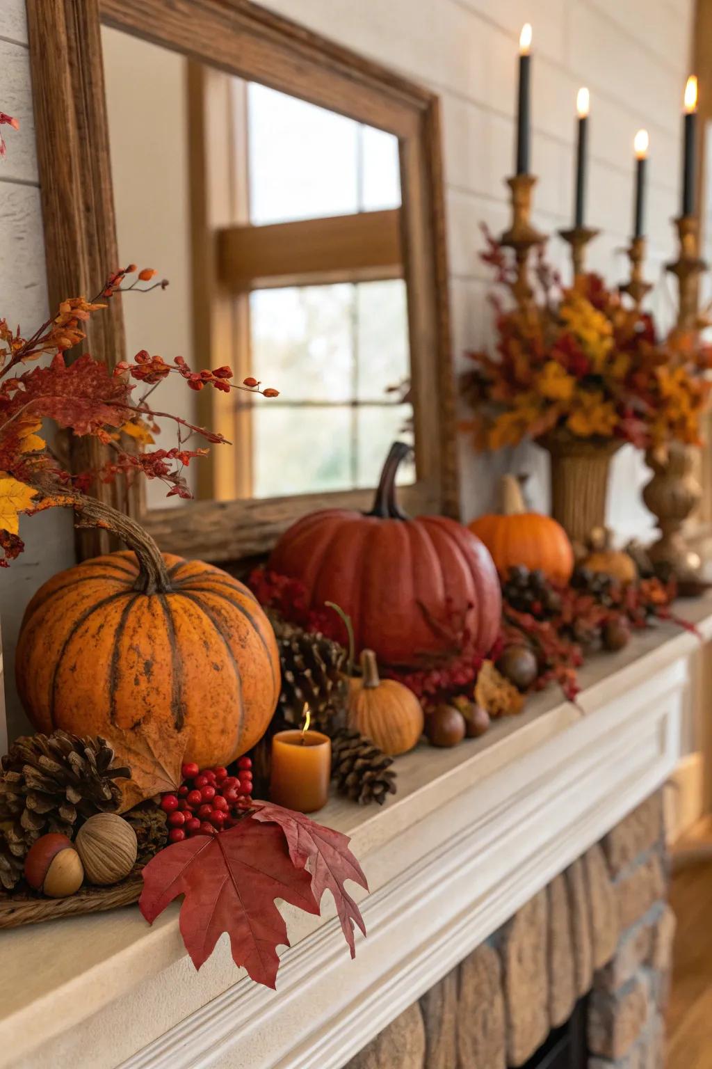 A fall mantel showcasing comforting fall hues for a snug atmosphere.