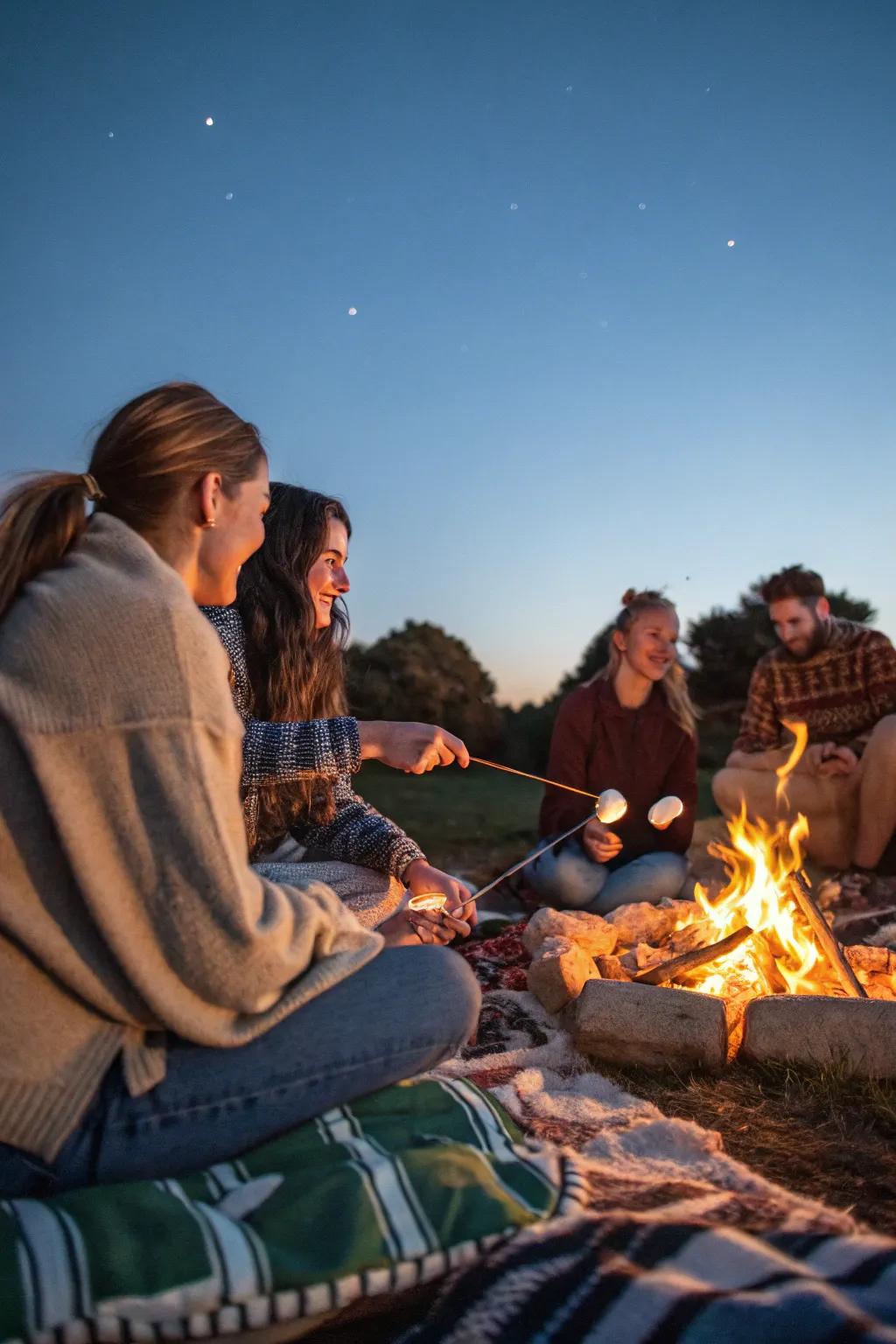 Friends enjoying a cozy bonfire gathering.