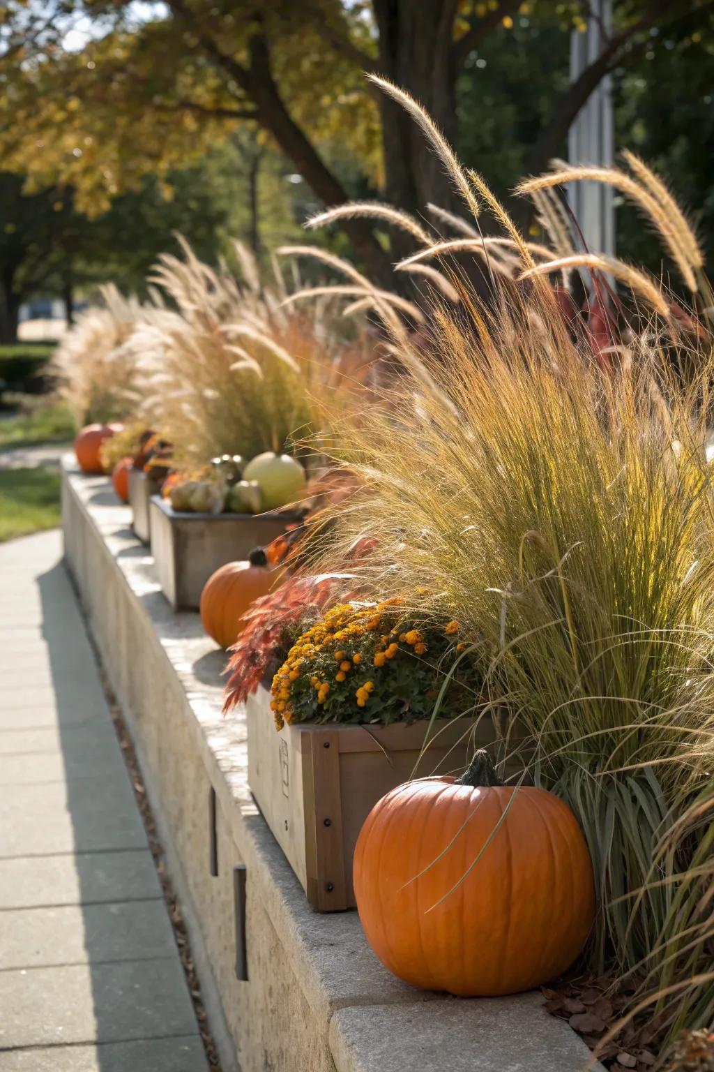 Decorative grasses paired alongside gourds deliver dimension and elevation.