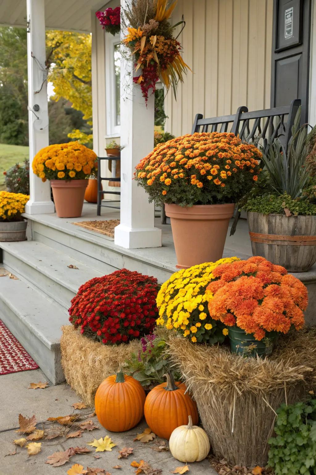 Colorful mums breathe vibrancy and life into the autumn porch scene.