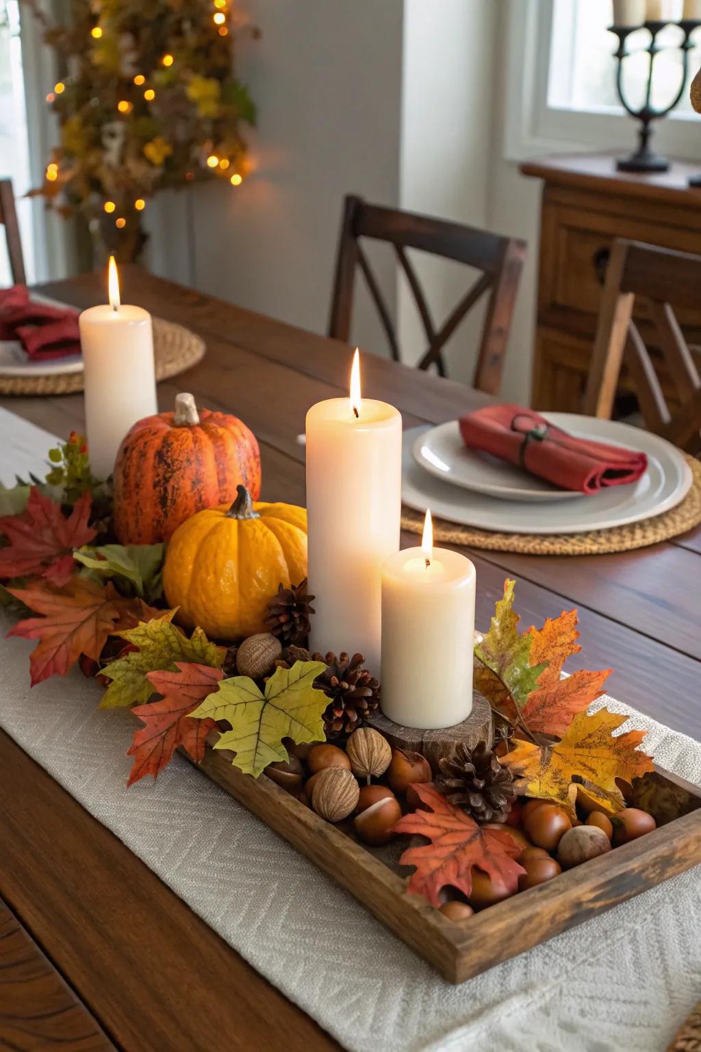 Candles impart a cozy, inviting glow to any autumn centerpiece.