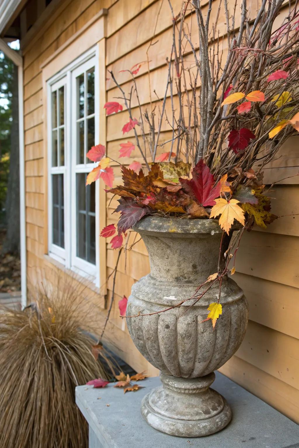 Rustic allure is achieved using branches and seasonal foliage in an autumnal planter.