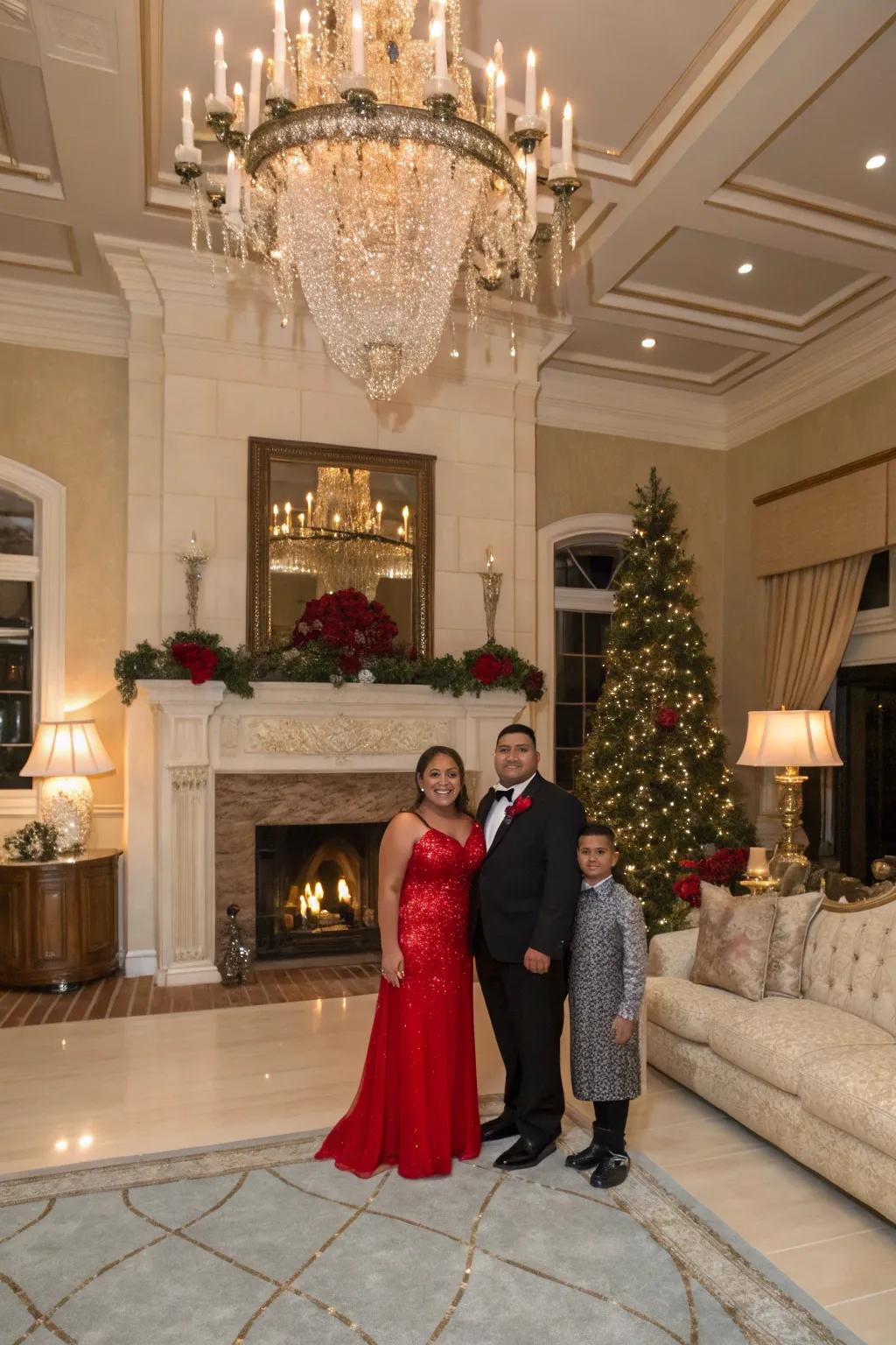 A formal family portrait set against elegant holiday decor emanates timeless charm.