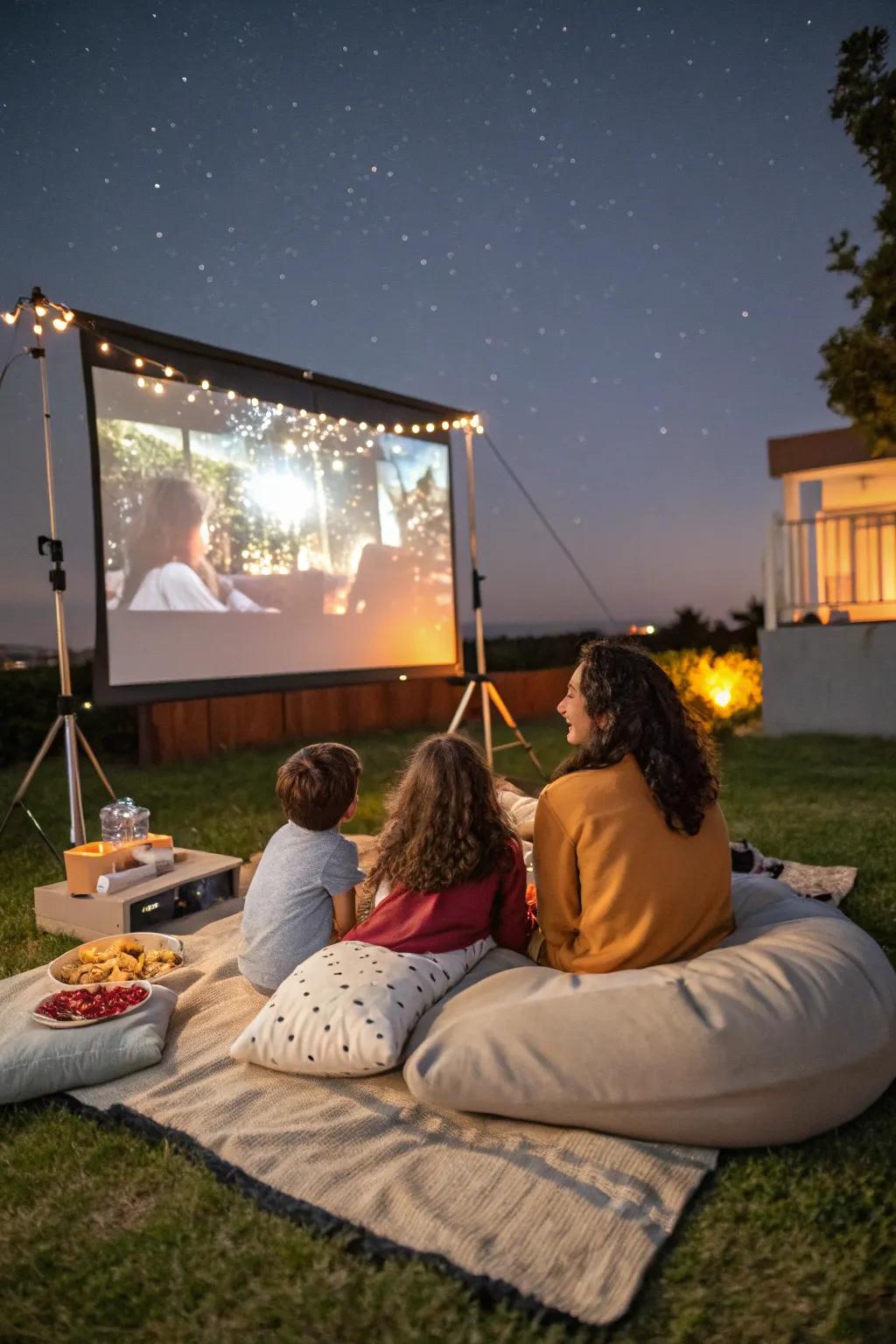 A wonderful outdoor movie night arrangement in the backyard.