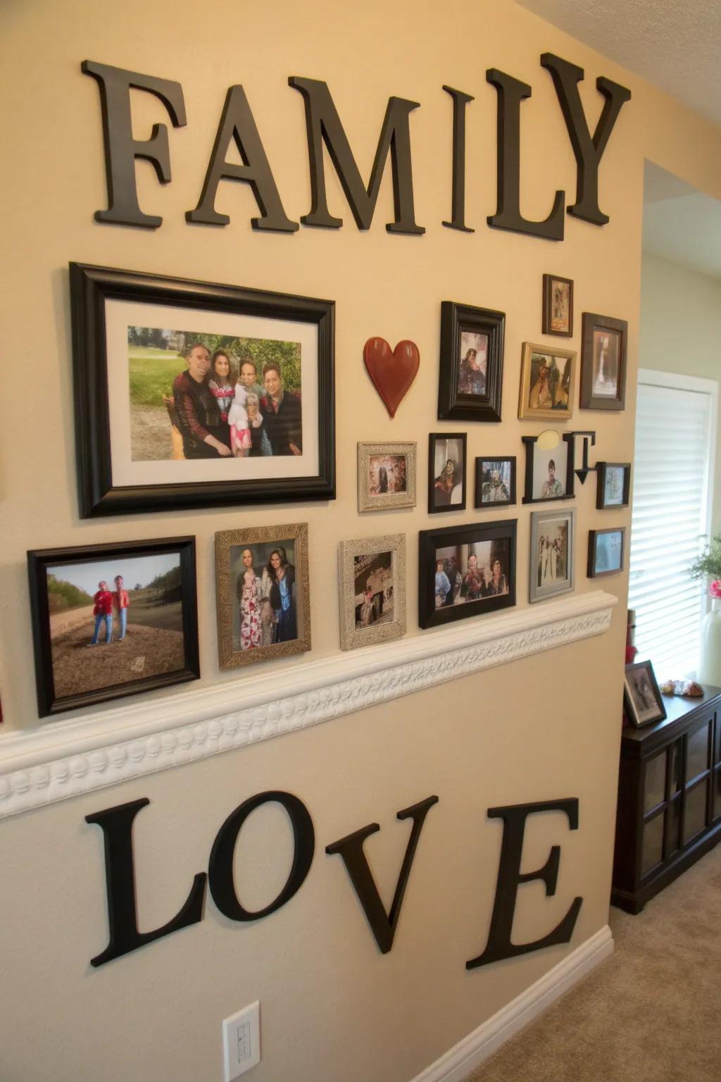 Heartfelt wall decorations featuring inspirational words alongside family photos.