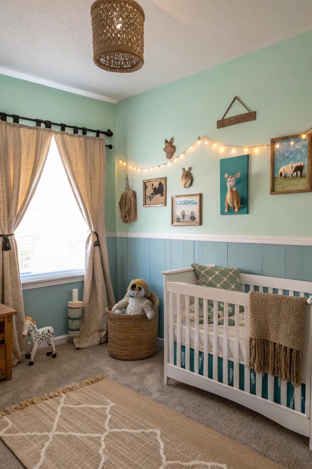 Gentle pastels create a calm backdrop for a farm animal nursery.