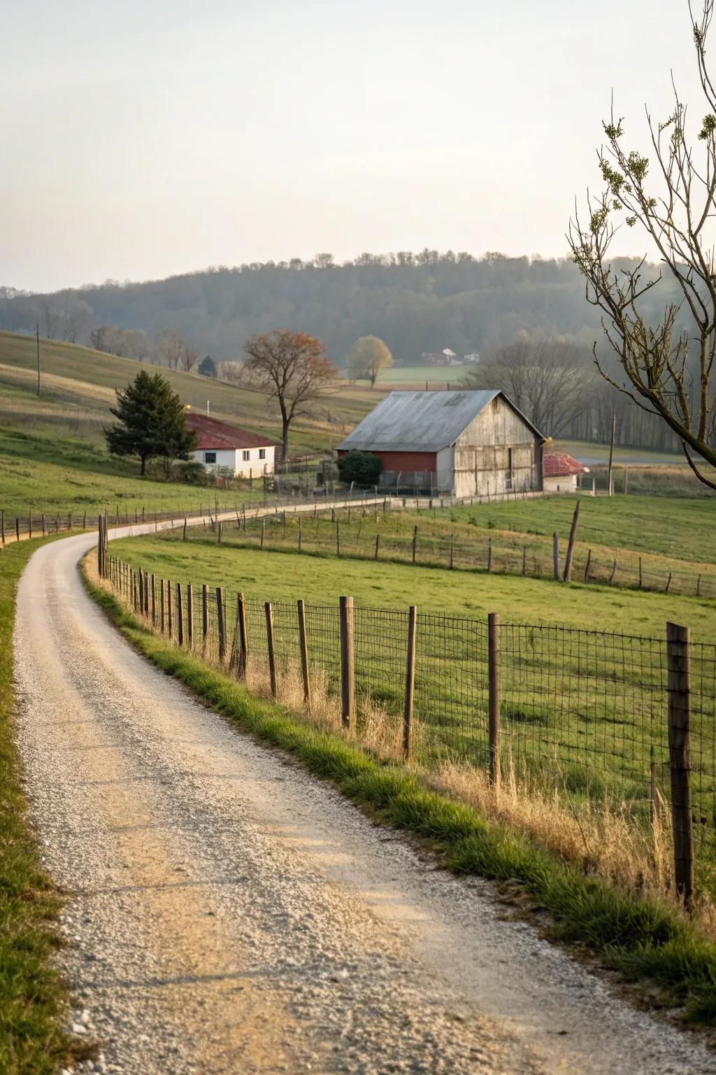 Gravel pathways leading to the barn, ideal for easy livestock movement.