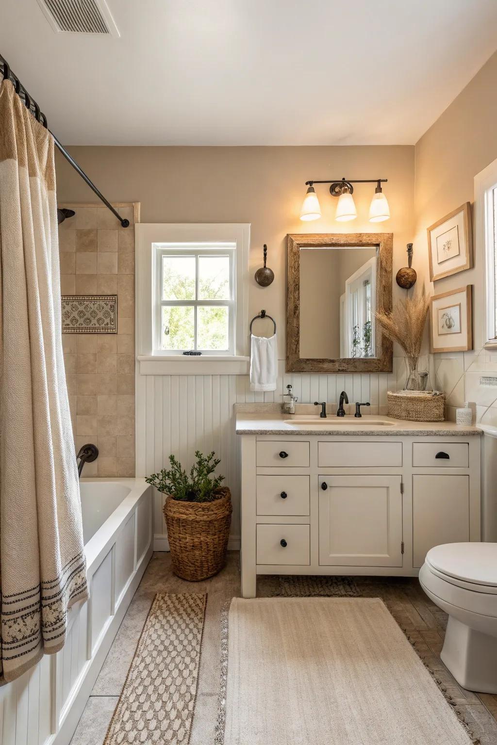 A neutral color scheme gives a country bathroom a peaceful feel.