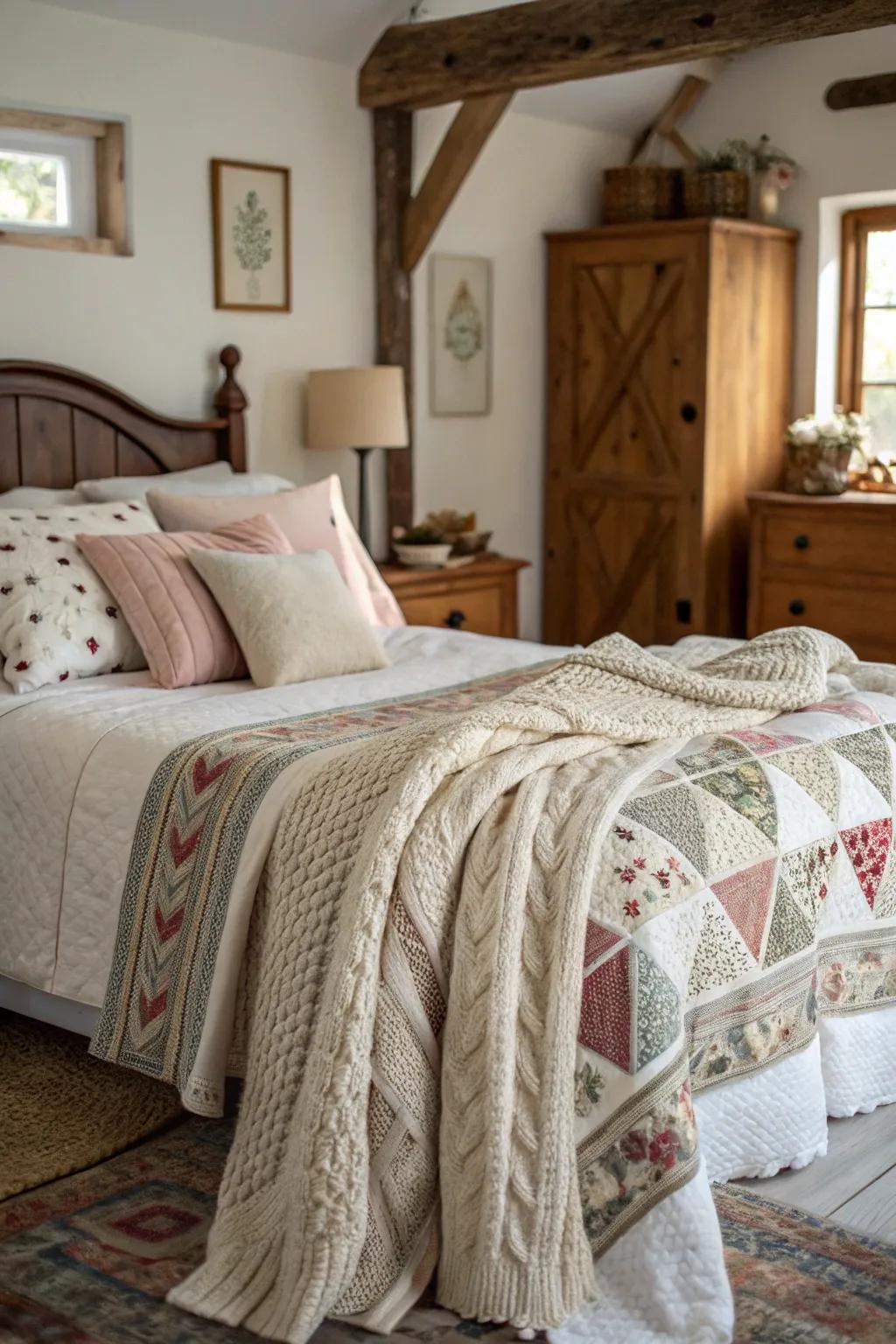Layered materials generate an inviting and comfortable farmhouse bedroom.