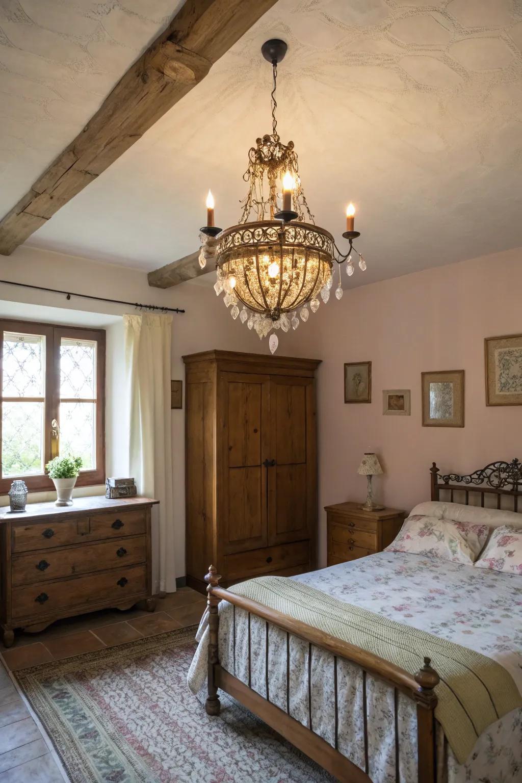 Vintage overhead fixtures cast an elegant radiance in farmhouse bedrooms.