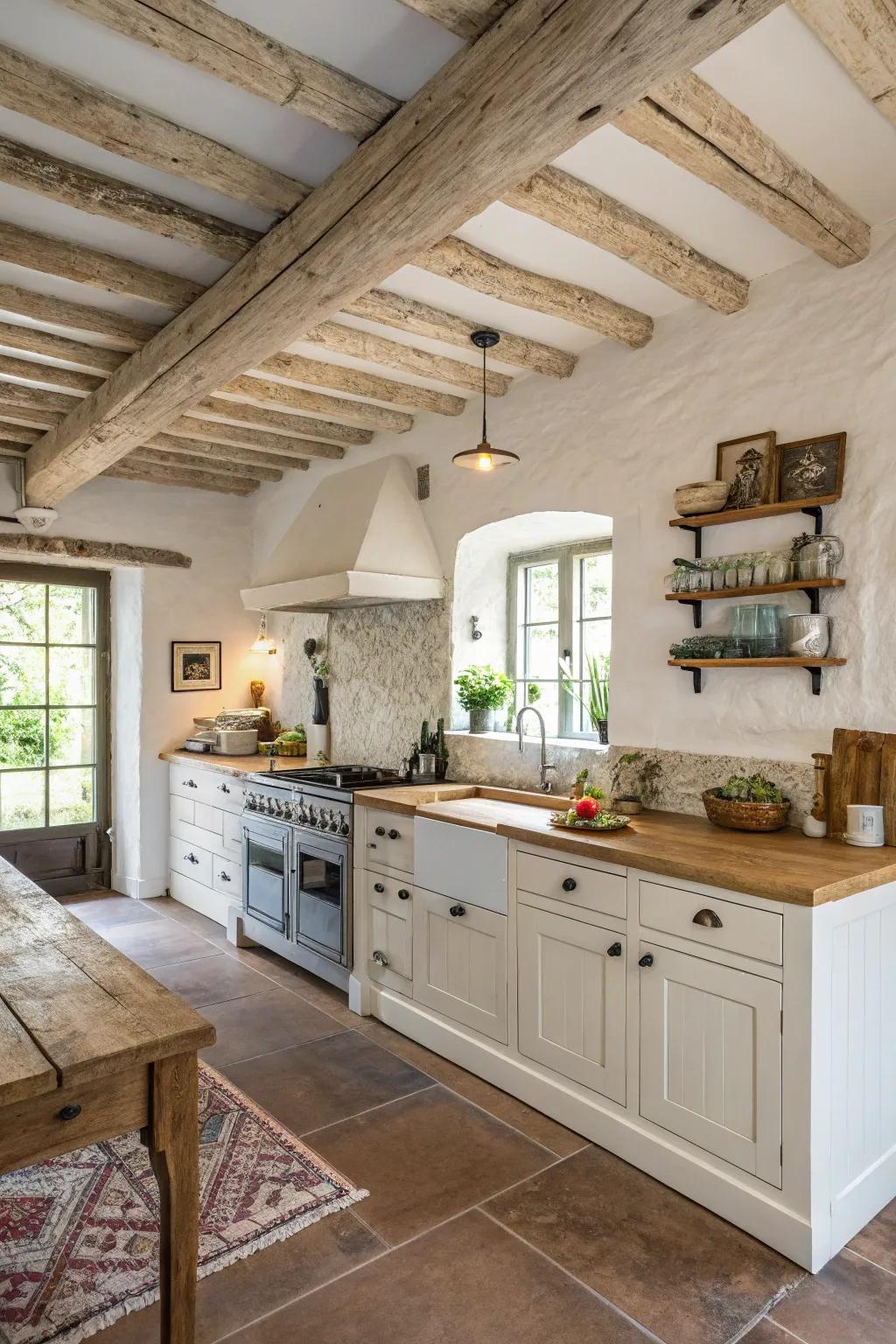 Limewashed lumber ceilings bring brightness and elegance to this farmhouse kitchen.